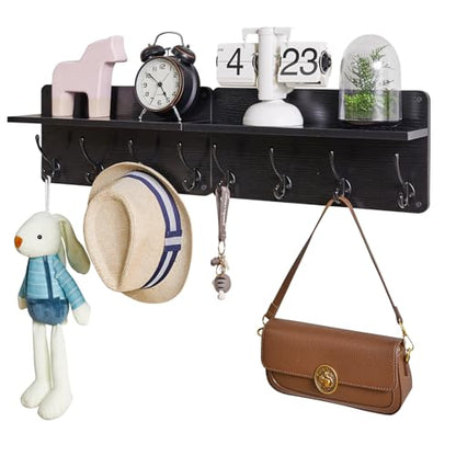 YMYNY 31.5" Coat Rack Wall Mount with Shelf and 8 Hooks, Black, HWS006B-2 | 2 Pack Coat Hooks Key Holder Wall Mount, Wood Wall Mounted Coat Rack with Wall Hooks for Hanging, Towel Hooks for Bathroom - color: Black