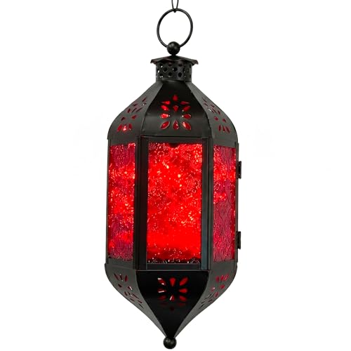 Vela Lanterns Hanging Moroccan Lantern with LED Twinkle Fairy Lights - Exotic Decorative Patio & Porch Decor, Indoor Outdoor Candle Lamp Holder with Chain (13" Large, Red Glass) - color: Red, size: Large