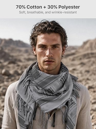 FREE SOLDIER Scarf Military Shemagh Tactical Desert Keffiyeh Head Neck Scarf Arab Wrap with Tassel for Men Women - color: Tan and Gray