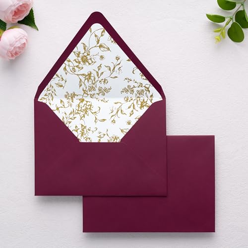 PONATIA A7 Euro Flap Gold Foil Liner Envelopes, Burgundy 5x7 Envelopes - color: Burgundy + Gold Foil