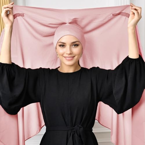 Instant Hijab Set 3-in-1 Chiffon Hijab Scarf for Women with Built-in Magnets and Undercap Head Wraps - color: New Pink