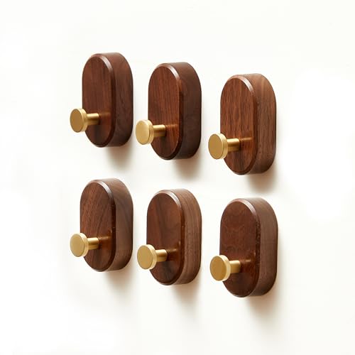 Wood Coat Hooks Wall Mount - Modern Walnut Coat Hook with Brass Accent for Hanging Clothes,Keys,Purse,Robes,Towel,Backpacks, Single Brass Wall Hooks Heavy Duty for Entryway, Closet, Bathroom (6 Pack) - style: 6 Pack