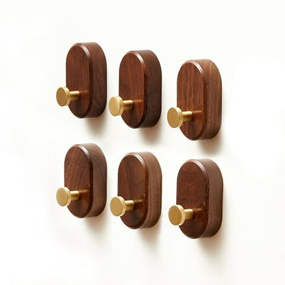 Wood Coat Hooks Wall Mount - Modern Walnut Coat Hook with Brass Accent for Hanging Clothes,Keys,Purse,Robes,Towel,Backpacks, Single Brass Wall Hooks Heavy Duty for Entryway, Closet, Bathroom (6 Pack) - style: 6 Pack