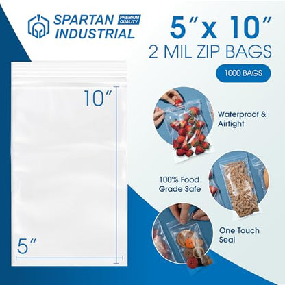 5” X 10” (1000 Count) 2 Mil Clear Reclosable Zip Plastic Poly Bags | with Resealable Lock Seal Zipper - Spartan Industrial - size: 5” X 10”