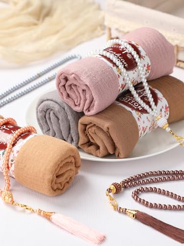 Shyyween 8 Pcs Eid Al-fitr Ramadan Gift Include 4 Soft Cotton Hemp Scarf Shawl 4 Muslim Prayer Beads Tasbih Prayer Beads for Woman Prayer Ramadan Eid Al-fitr Gift Eid Al-fitr Party Favors