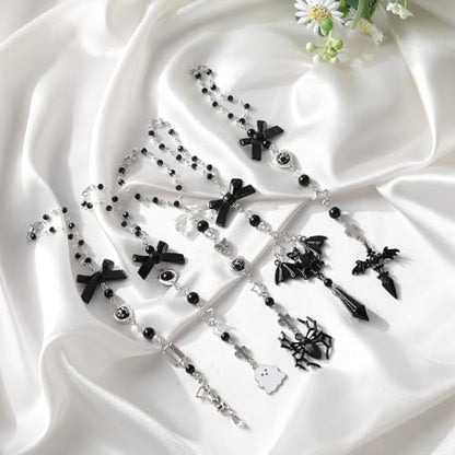 Halloween Gothic Car Rearview Mirror Chain - Black Spider Pendant Beaded Hanging Charm, Dark Fantasy & Mysterious Cars Decor, Interior Ornament Gift for Women Men Drivers - style: Spider