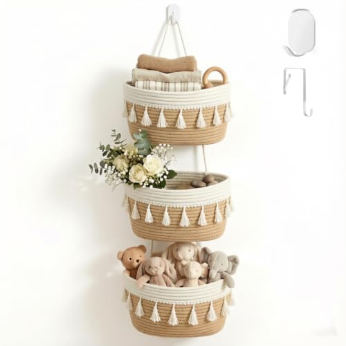 Hanging Basket, Over Door Organizer, 3 -Tier Wall Basket with Hooks | Woven Cotton Basket, Adjustable Hanging Baskets for Organizing, No Drilling for Farmhouse, Boho Home and Nursery Decor - style: Tassel