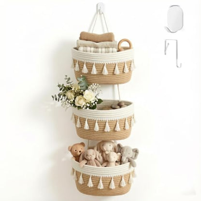 Hanging Basket, Over Door Organizer, 3 -Tier Wall Basket with Hooks | Woven Cotton Basket, Adjustable Hanging Baskets for Organizing, No Drilling for Farmhouse, Boho Home and Nursery Decor - style: Tassel