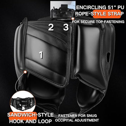 Boxing Headgear for Men Women – Professional Lightweight Open Face Head Guard, Breathable Protection, Secure Fit for MMA Muay Thai Kickboxing Sparring Training - color: Black+Black