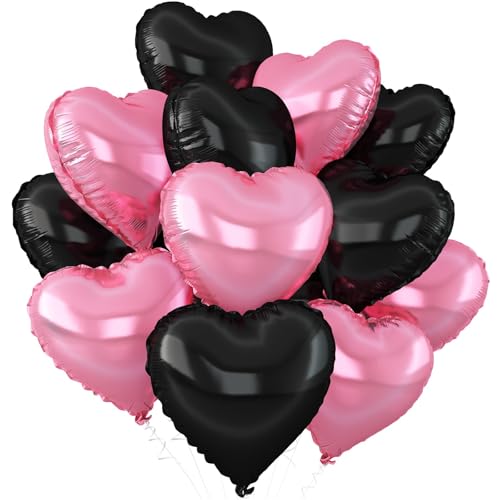 Pink Black Heart Foil Balloons,12Pcs 18Inch Heart Shaped Balloons - color: Black Pink