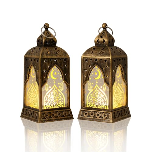 ABTOLS Ramadan Decor Lantern Lights Mini Bronze Eid Mubarak Candle Lantern for Indoor Outdoor Table Decorations Castle Moon Ramadan Islamic Muslim Hanging Lanterns for Home Tabletop Decor - color: Bronze