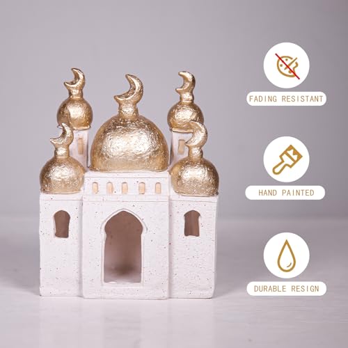 Ramadan Eid Home Decorations for Home 2025 Gold and White Mosque Tower Islamic Eid Mubarak decore - size: 5.51*2.76*6.51in