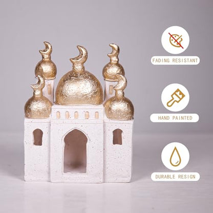 Ramadan Eid Home Decorations for Home 2025 Gold and White Mosque Tower Islamic Eid Mubarak decore - size: 5.51*2.76*6.51in