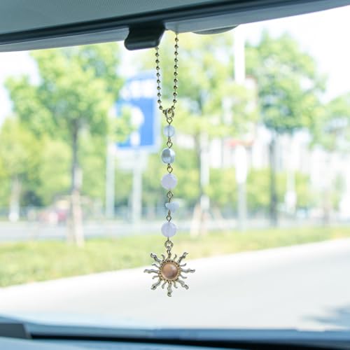 Sun Hanging Car Decor, Rear View Mirror Accessories, Cute Boho Car Accessories for Women, Handmade Charm, Natural Crystals Stones Ornament (Pink Stone) - color: Pink