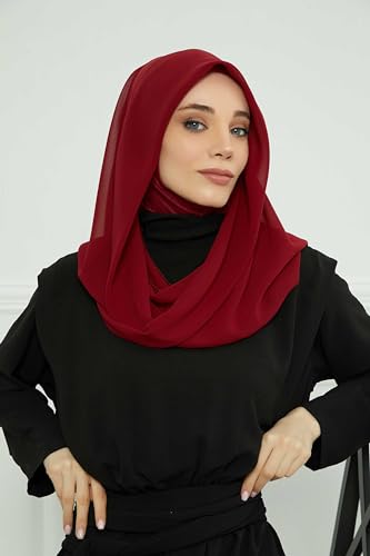 Aisha's Design Pre-tied Cotton-Chiffon Scarf for Women Practical Veil Instant Scarf Hijab Stylish Design - color: Maroon