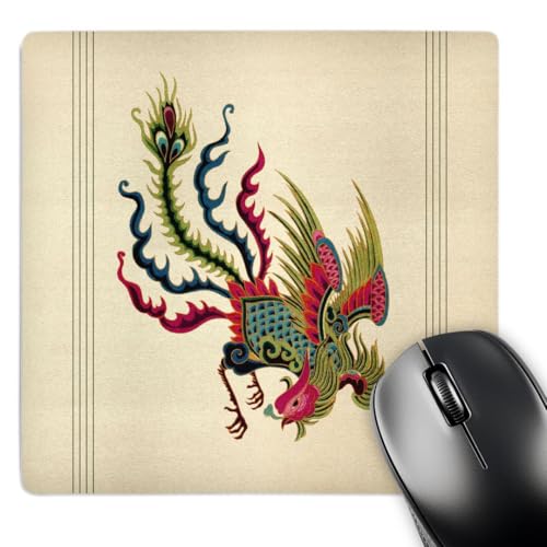3dRose LLC 8 x 8 x 0.25 Inches Mouse Pad, Moss Green, Teal and Maroon Swooping Chinese Rooster with Cream Background and Dark Line Accents (mp_53932_1)