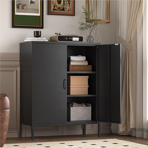 YAUWOH Metal Locker Storage Cabinet with 2 Doors and 4 Shelves，39.96" Tall Steel Office Cabinet,Bathroom Floor Locker，for Office,Home,Garage,Gym,School (Black) - color: Black, size: 2Doors-40"H