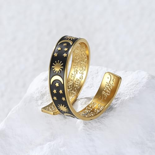 Dreamtimes Islamic Ayatul Kursi Arabic Calligraphy Ring for Men Women Stainless Steel Open Adjustable Band Crescent Moon Ring Star Rings Muslim Religious Jewelry for Eid Mubarak Ramadan - color: Gold