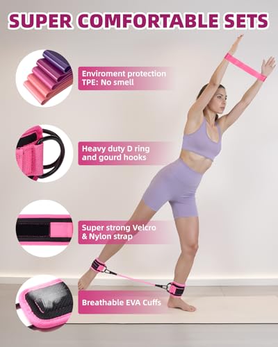 Resistance Bands Set – Resistance Band and Adjustable Ankle Exercise Bands with Cuffs Great Equipment for Training, Working Out, Yoga,Home Gym with Training Guidance & Carry Bag,Set of 8 - color: Pink