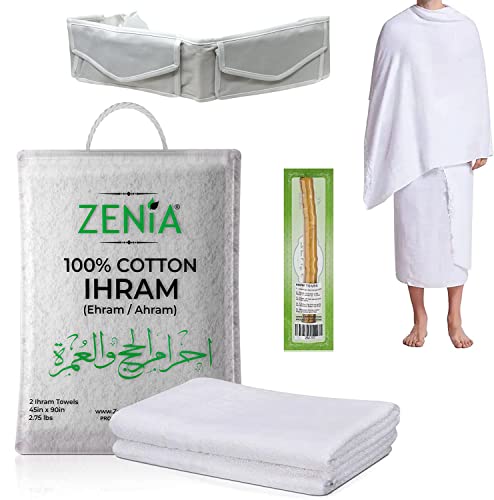 Zenia Natural Hygienic 100% Cotton Ihram (Ahram/Ehram) Towel for Hajj and Umrah - Lightweight and Durable 45 in x 90 in (Ihram with Adjustable Belt & Free Miswak) - style: Ihram with Adjustable Belt & Free Miswak