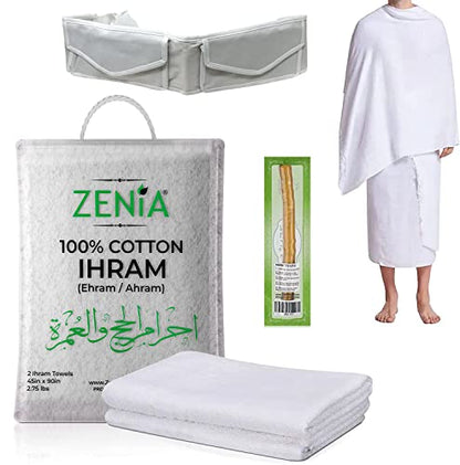 Zenia Natural Hygienic 100% Cotton Ihram (Ahram/Ehram) Towel for Hajj and Umrah - Lightweight and Durable 45 in x 90 in (Ihram with Adjustable Belt & Free Miswak) - style: Ihram with Adjustable Belt & Free Miswak