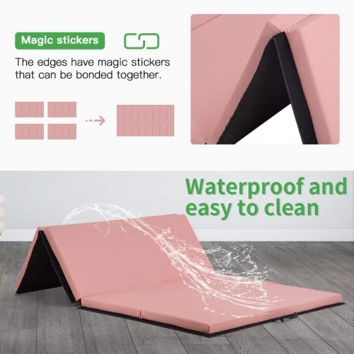 Folding Gymnastics and Exercise Mat - 6'x4'x2 Thick - PU Leather Tumbling Mat with Hook & Loop Fastener - Ideal for Gymnastics, Aerobics, Yoga, Cheerleading, Martial Arts - color: Pink