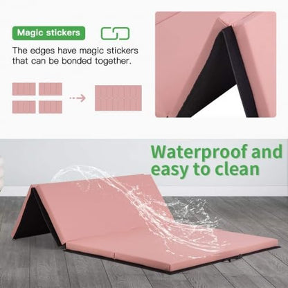 Folding Gymnastics and Exercise Mat - 6'x4'x2 Thick - PU Leather Tumbling Mat with Hook & Loop Fastener - Ideal for Gymnastics, Aerobics, Yoga, Cheerleading, Martial Arts - color: Pink