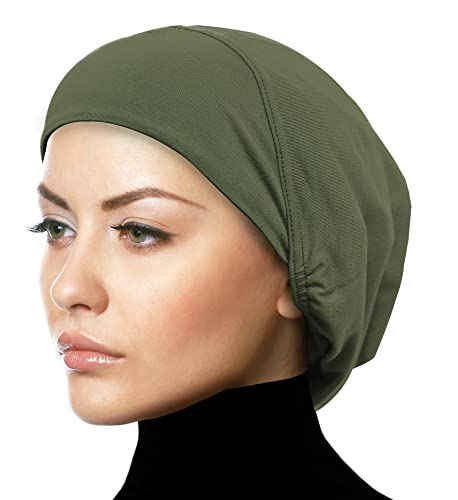 Women's Snood Cap Cotton Beanie Hair Wrap Chemo Undercap Easy Bonnet Hat - color: Khaki Green