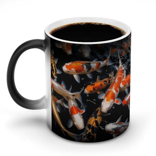 Japan Fancy Carp Fishes Coffee Mug Heat Sensitive Discoloration Ceramic Cup Personalized Color Changing Coffee Cups Unique Cup Gift for Family Friends Birthday Aniversary