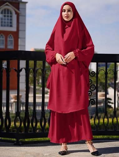 Abayas for Women Muslim Chiffon Prayer Burqa Dress Burkas for Women Muslim Hijab Dress Full Length Islamic Veil Abaya Set - color: Burgundy