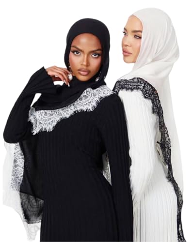 JUMISEE Elegant Floral Lace Hijab Scarf for Women Soft Cotton Head Wrap Instant Hijab Long Scarves Evening Dress Shawl - color: Black With White Lace Trim