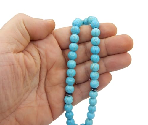 Perlin Muslim Prayer Beads 33 Bead Turquoise Tasbih Islamic Misbaha Subha Dhikr Beads with 10mm Polished Blue Turquoise Gemstone Beads Hematite Spacers, 925 Sterling Silver Imam Ottoman Style Rosary