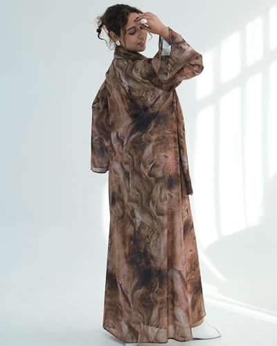 Modest Cardigan Set Women Muslim Dress with Soft Hijab Scarf Islamic Outfits Open Abaya For Eid, Ramadan, Umrah, Hajj - color: Coffee, size: S(52)