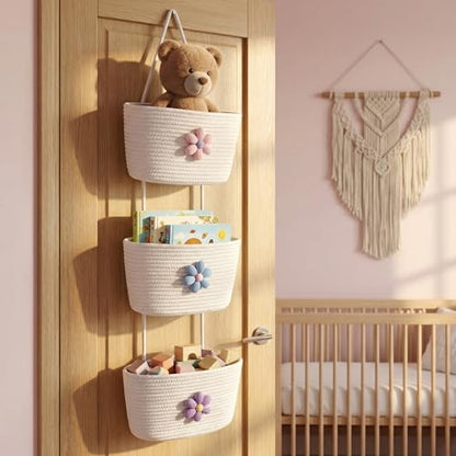 3-Tier Woven Cotton Rope Hanging Basket, Over the Door Organizer, Adjustable Detachable Wall Basket with Metal & Adhesive Hooks, No Drilling for Playroom, Toddler Nursery & Little Girls Room - style: BigFlower