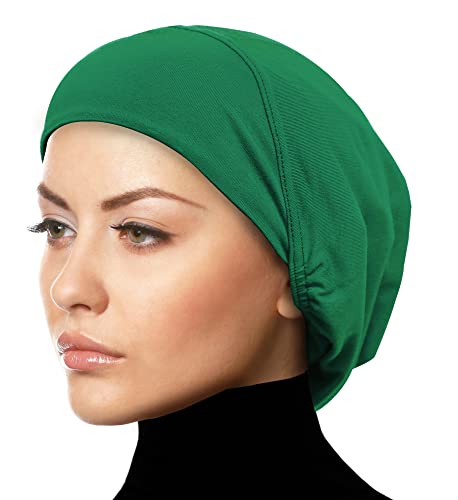 Women's Snood Cap Cotton Beanie Hair Wrap Chemo Undercap Easy Bonnet Hat - color: Emerald Green