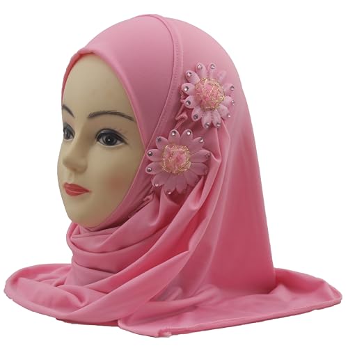 Soft Instant Hijab for Kids Girls Muslim Headscarf Islamic Scarf Shawl Wrap with Flowers - color: Pink-2 Flowers