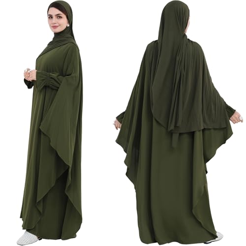 2PCS Women's Muslim Abaya Dress Lace Cuffs Islamic Dubai Prayer Robe Smooth Flowy Muslim Women Clothes - color: Army Green, size: X-Large