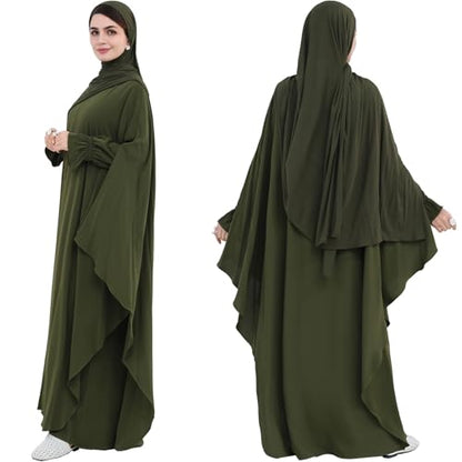 2PCS Women's Muslim Abaya Dress Lace Cuffs Islamic Dubai Prayer Robe Smooth Flowy Muslim Women Clothes - color: Army Green, size: X-Large