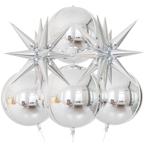 22 Inch Silver Foil Balloons, 6 Pcs 4D Round Silver Mylar Balloons with Explosion Star Balloon, Metallic Silver New Years Balloon for New Years Eve Party Supplies 2025 - style: Silver Star