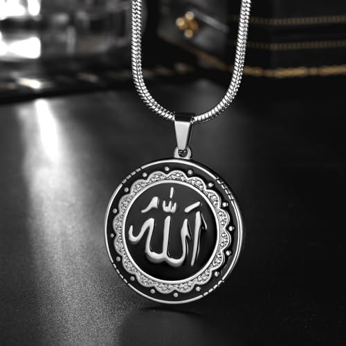 Hipunk Men Islamic Pendant Necklace - Muslim Allah Necklace Allah Necklace Mens Muslim Islam Pendant 316L Stainless Steel Islamic Arabic Gift Black Gun/18K Gold Plated Islam Jewelry SP0049 - color: white & black