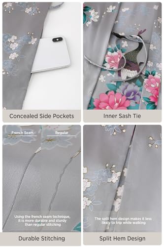 BABEYOND Women's Kimono Robe Long Satin Robes with Peacock and Blossoms Printed Kimono Nightgown - color: Silver Gray, size: One Size