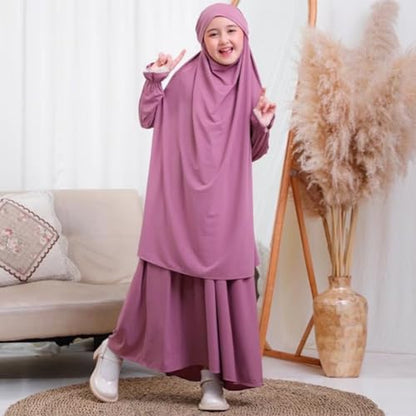 Kids Girls Muslim Islamic Two-piece Outfits Lace Long Sleeve Hijab Dress Abaya and Loose Skirt Full Cover Kaftan - color: Pink Purple, size: 5-6 Years