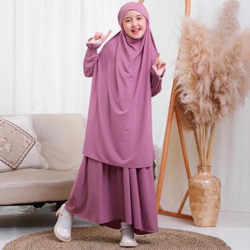Kids Girls Muslim Islamic Two-piece Outfits Lace Long Sleeve Hijab Dress Abaya and Loose Skirt Full Cover Kaftan - color: Pink Purple, size: 18-24 Months