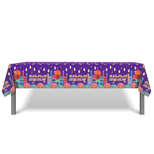 1Pc Ramadan Party Plastic Tablecloth 54 x 87 Inch Long Table Cover, House Light Purple Gold Party Tablecover for Eid Mubarak Baby Shower Birthday Dinner Picnic Kitchen Event Use - color: House Light Purple Gold Ramadan