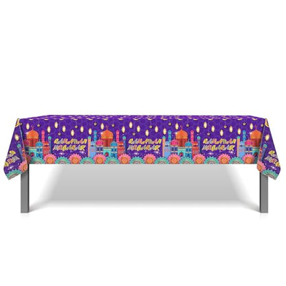 1Pc Ramadan Party Plastic Tablecloth 54 x 87 Inch Long Table Cover, House Light Purple Gold Party Tablecover for Eid Mubarak Baby Shower Birthday Dinner Picnic Kitchen Event Use - color: House Light Purple Gold Ramadan