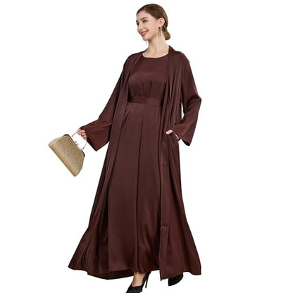 Islamic Abaya Dress for Women Muslim Maxi Abayas 2pcs Silky Fashion Dress Set Daily Kaftan Jilbab Outfit Women Eid Robe - color: Browna, size: Medium