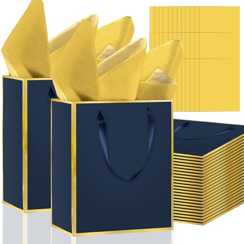 Epoesch 36 Pack Gift Bags with Handles & 36 Tissue Papers – 8x5x10 Inches - color: Navy Blue, Gold, size: 1 Count (Pack of 36)