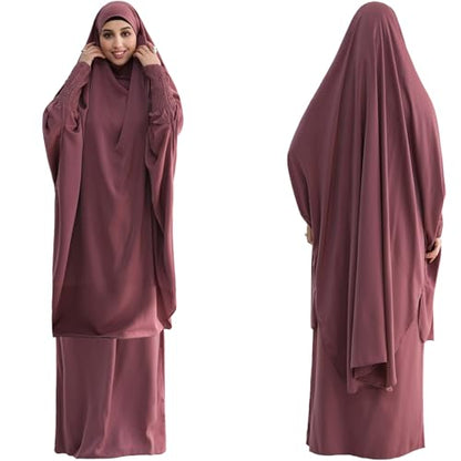 Muslim Women Abaya Two Pieces Set Prayer Dress Elasticated Sleeves Islamic Robe Modest Full Cover Prayer Clothes - color: Purple