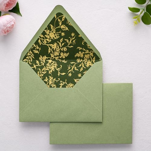 PONATIA A7 Euro Flap Gold Foil Olive Green Liner Envelopes, 5x7 Envelopes - color: Sage Green + Olive Green Goil Foil