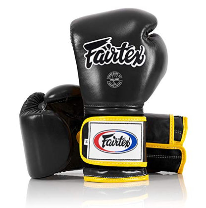 Fairtex BGV9 Muay 전문 복서 및 트레이너를 위한 | 하드 타자를 위한 멕시코 스타일 장갑 | 무술용 MMA 장갑 | 경량 및 충격 흡수 복싱 장갑 - color: 블랙/옐로우 파이핑, size: 14온스